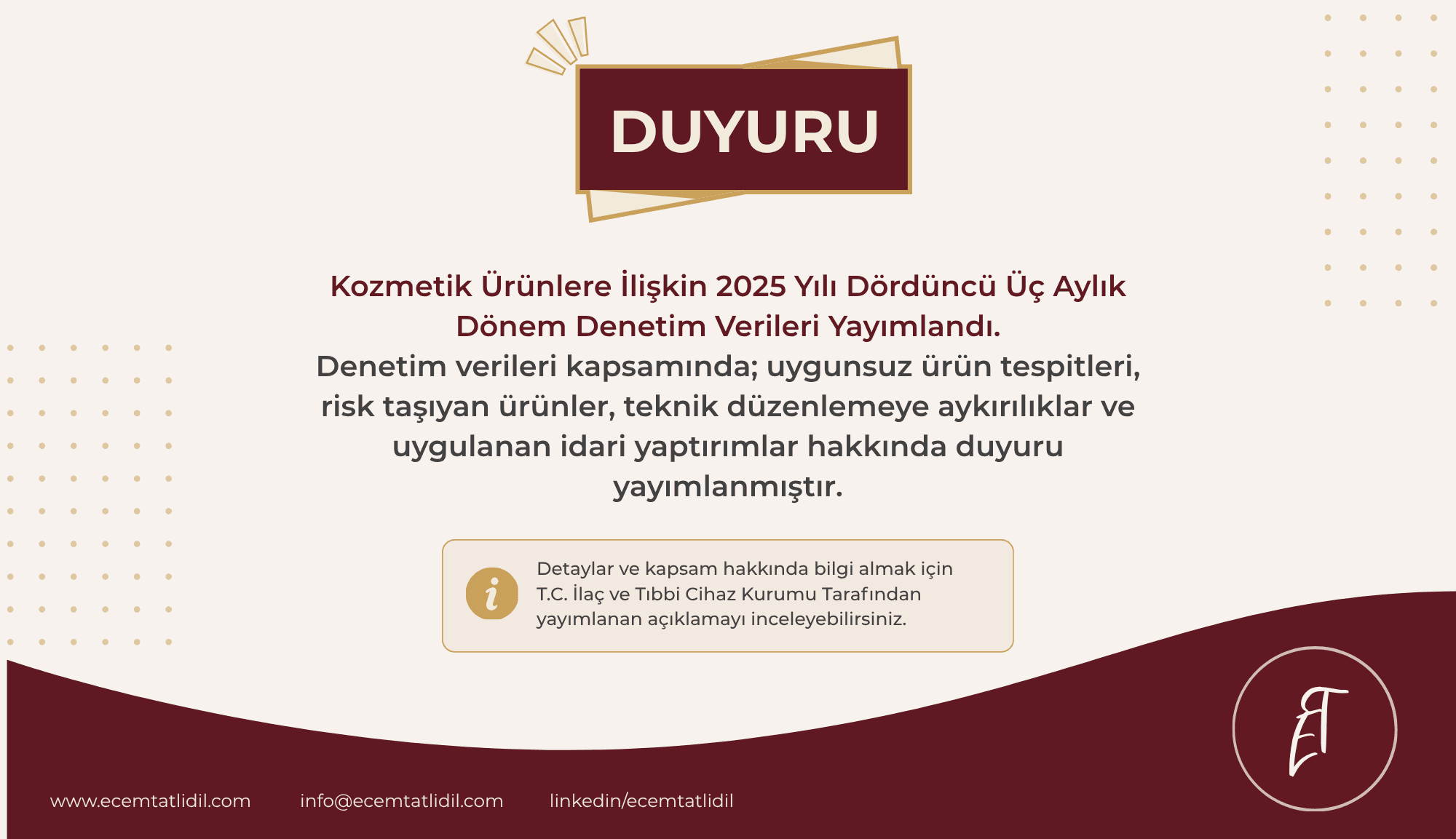 Kozmetik Ürünlere İlişkin 2025 Yılı Dördüncü Üç Aylık Dönem Denetim Verileri Yayımlandı